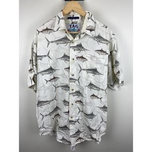 Tag & Brag All Over Print AOP Sword Fish Button Up Tee Shirt - L